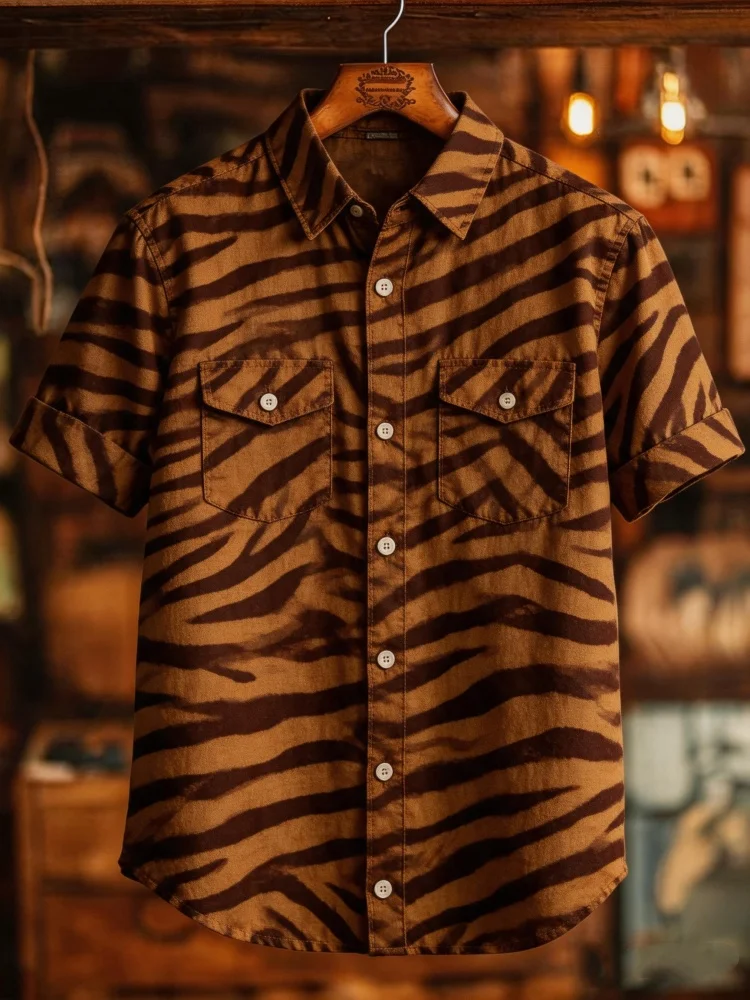 

Mens Retro Streetwear Shirt Double Pocket Turn Down Collar Tiger Stripe Print Wild Casual Loose Fit Summer Shirt