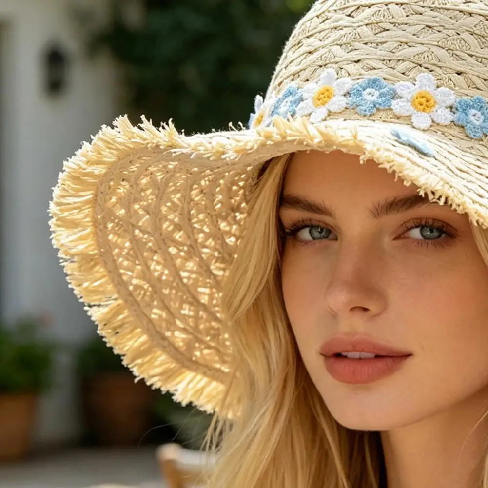 Lace Tie Sun Hat Versatile Beach Hat with Lace Tie Straw Sun Hat Featuring Windproof Flower Strap Lightweight Breathable Summer