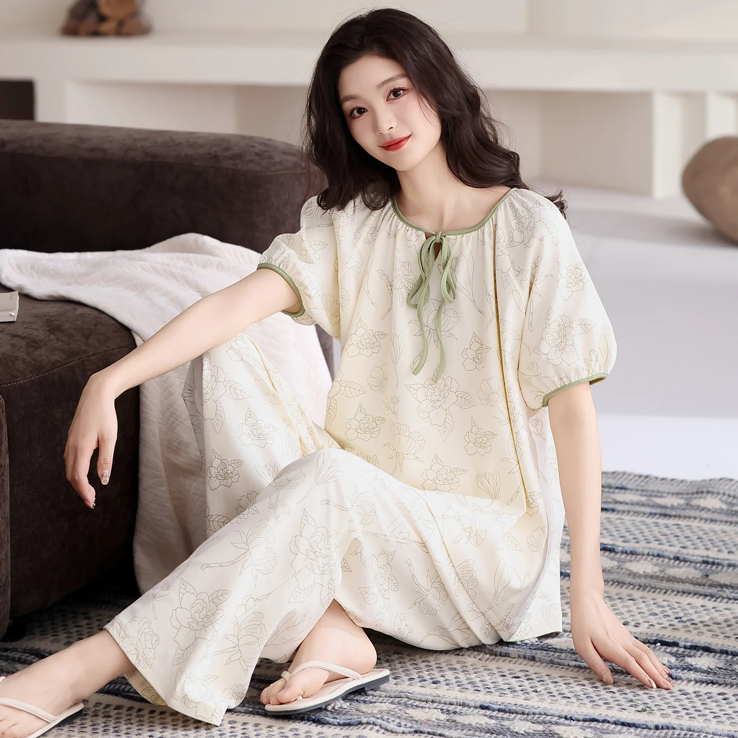 

Women Summer Pajama Set Short-Sleeved Cotton Sweet Homewear Long Pant Casual Teenage Students Sleepwear Comfortable Home Clothes