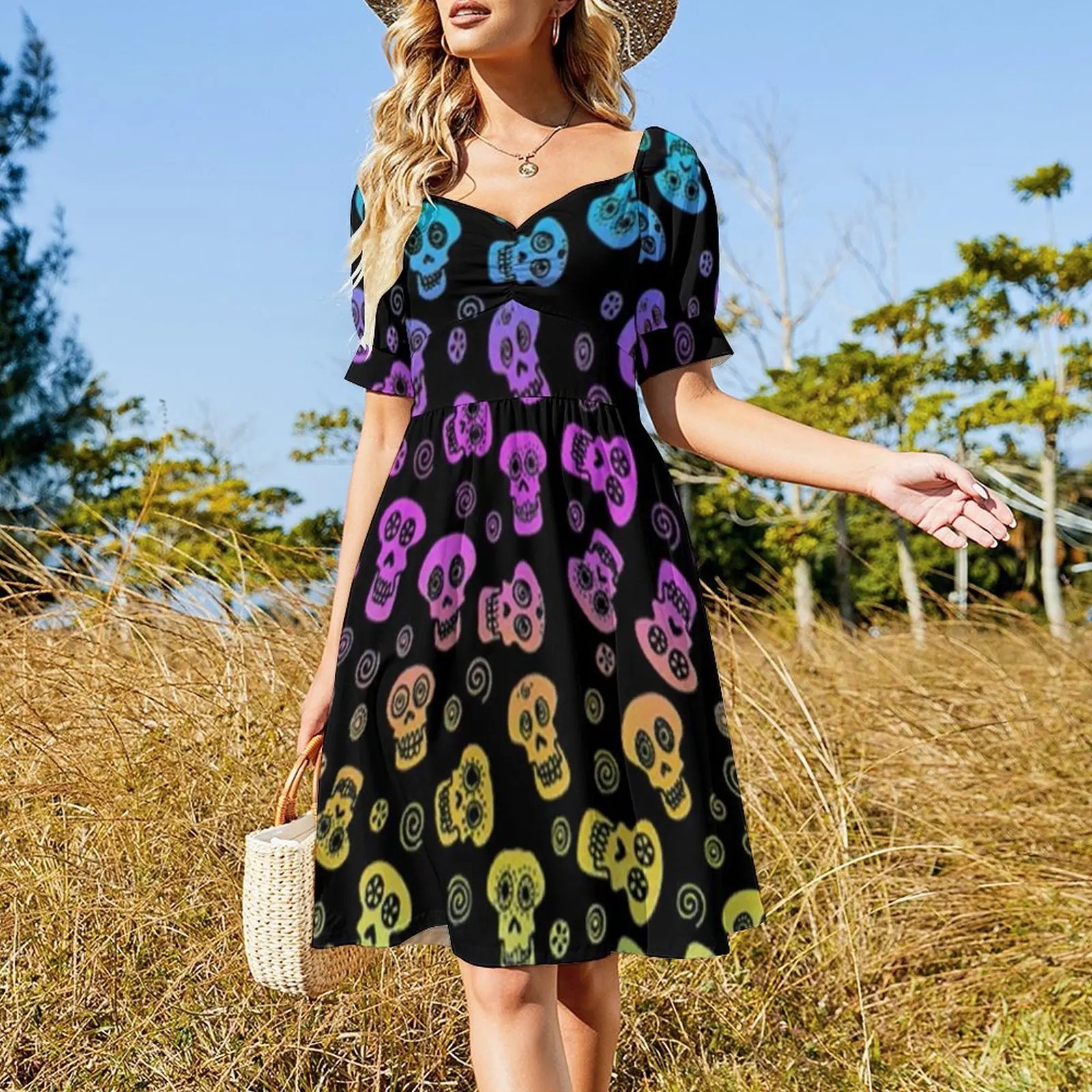 Cute Skull Casual Dress Ombre Print Korean Fashion Dresses Sexy V Neck Pretty Graphic Dress Big Size 4XL 5XL