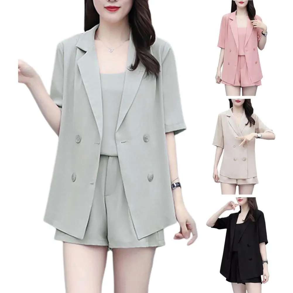 Half Sleeve Suit Jacket Chic Women's Formal Suit Set Vest High Waist Shorts Double-breasted Lapel Coat for Office Wear Business