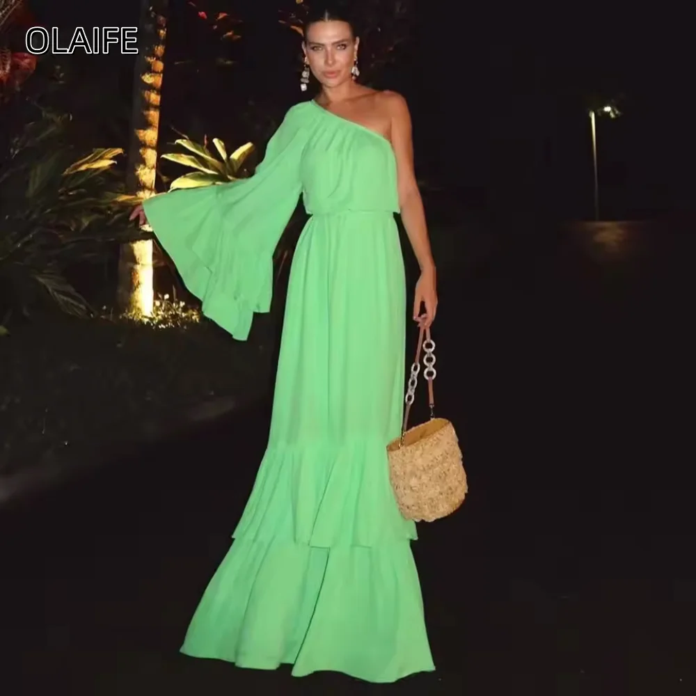 Eén schouder Hoge kwaliteit chiffon gegolfde galajurken A-lijn Op maat gemaakte lange mouwen Sweep/Brush train فسات nyt__