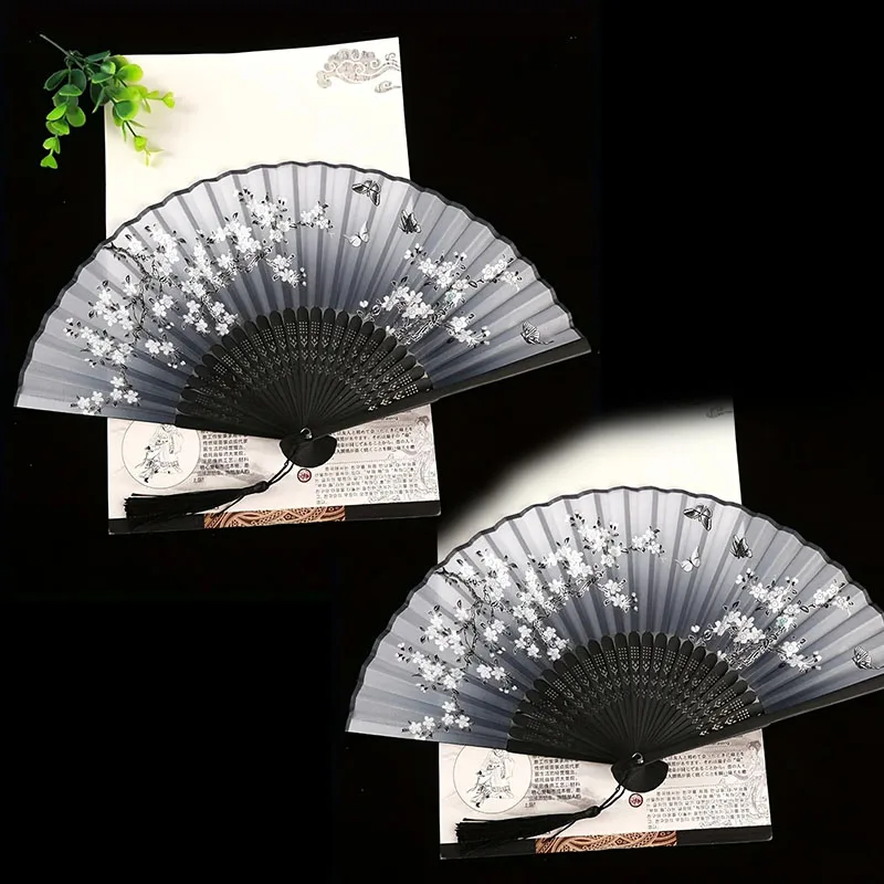 Handheld Floral Folding Fans Hand Held Silk Bamboo Fans with Tassel  Hollowed Hand Foldable Fan for Dancing Wedding Decoration