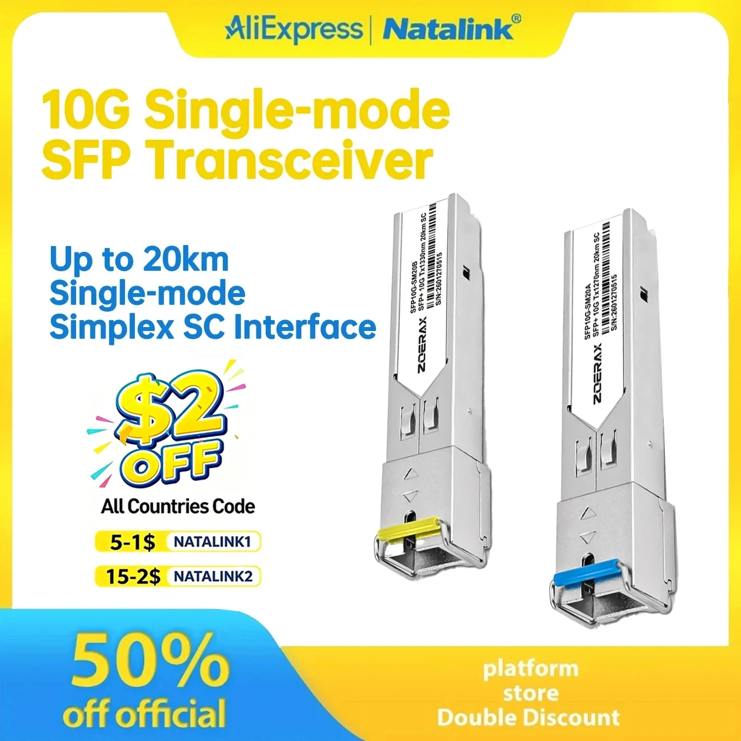 

Natalink 10G Single-mode SFP Transceiver Simplex SC Interface 20km Transmission Support DDM Compatible with Cisco Mikrotik
