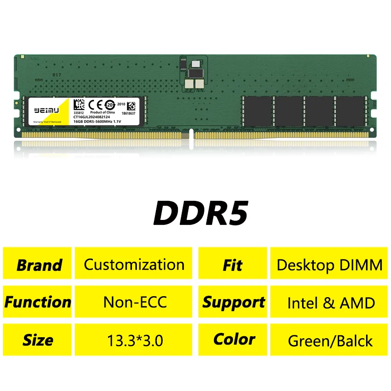 DDR5 8GB 16GB 32GB 48GB Desktop Memory Ram PC5 1.1V 288Pin 4800 5200 5600Mhz Non-ECC DIMM Computer Memories Ram For Intel AMD