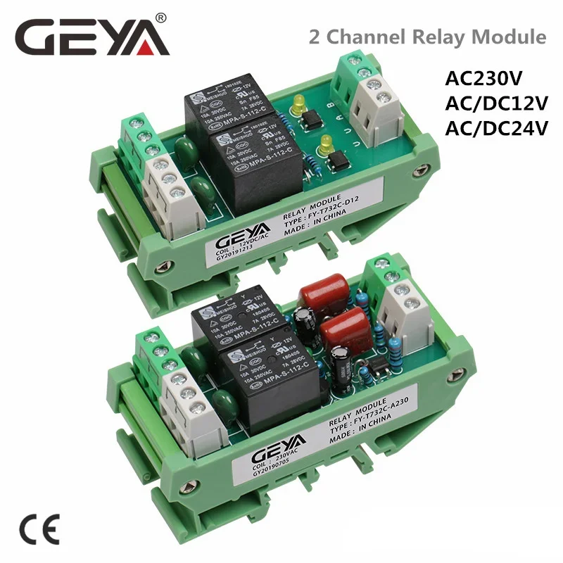 GEYA Din Rail Mounted 2 Channel Relay Module DC 24V 12V 230VAC Intermediate Power Relay Control Module 5VDC