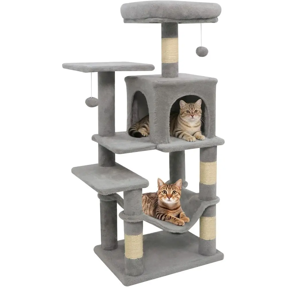 

Многоуровневая кошачья лежанка-башня 44 уровня с сизалевыми столбиками, 2-дверным домиком, мягким лежаком, гамаком и подвесными шариками для домашних кошек (светло-серый)