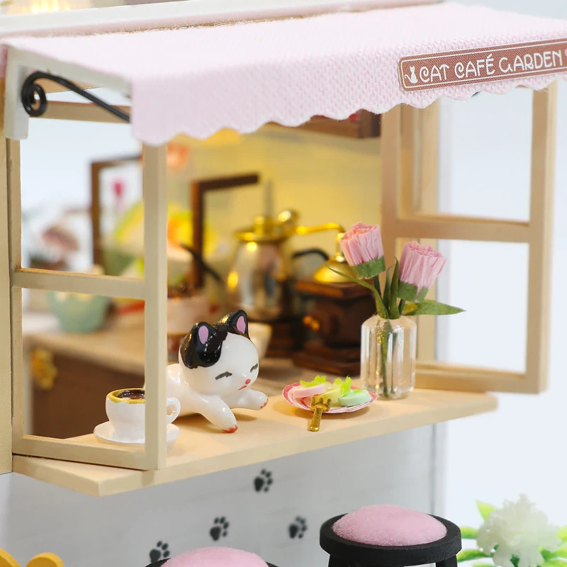 Cat Cafe Wooden Mini Doll House 3D Puzzle Assembly Building Model Kit DIY Miniature Small House Toys Home With Furniture Lights