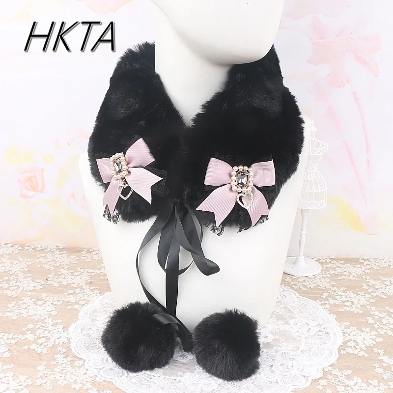 

Handmade Japanese Collar Scarf Women Mine Sweet Lace Bow Big Hairball Fluffy Fake Collar Winter New Versatile Fur Collar Scarf