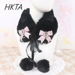 Handmade Japanese Collar Scarf Women Mine Sweet Lace Bow Big Hairball Fluffy Fake Collar Winter New Versatile Fur Collar Scarf