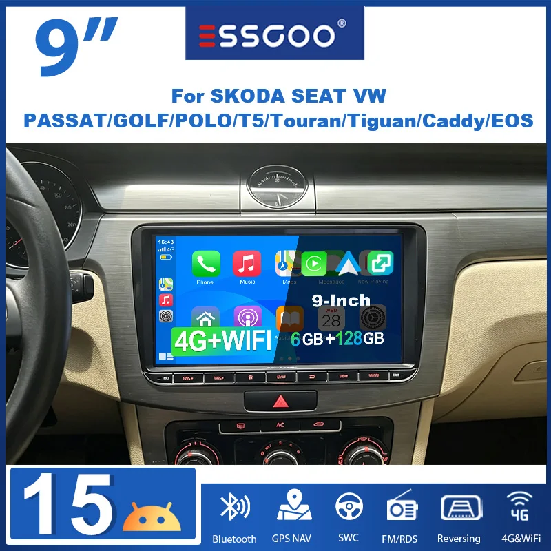 ESSGOO 9 pouces 6 Go + 128 Go Android 15 4G LTE pour VW GOLF 5 6 Touran Caddy Polo Jetta EOS Autoradio GPS Navi Carplay GPS NAVI Android Auto BT WIFI AM DSP Mirror Link Commandes au volant Écran tactile Lecteur multimédia Plug and play
