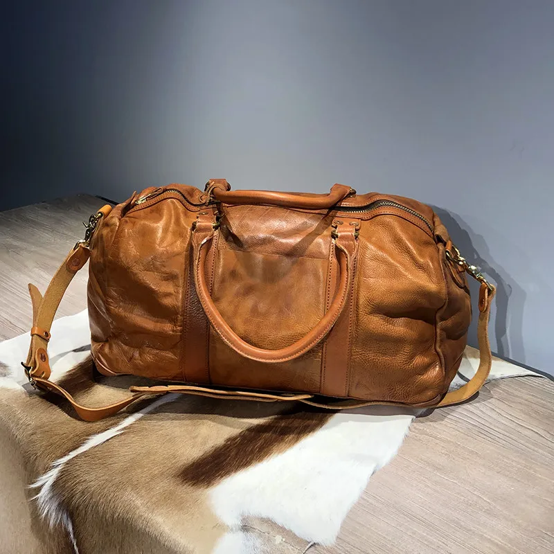 Retro fashion first layer cowhide men large-capacity travel bag leisure outdoor soft cowhide shoulder messenger hand duffel bag