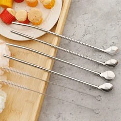 6Pc Silver Stainless Steel Straw Spoon Set Reusable Metal Straw with Brush Mixing Stirring Straw for Smoothie Drinking Accessory