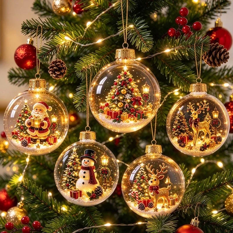 Lighted Transparent Christmas Ball Ornament Acrylic Plastic Clear Bauble Exquisite Cartoon Style Holiday Home Party Decor Usage