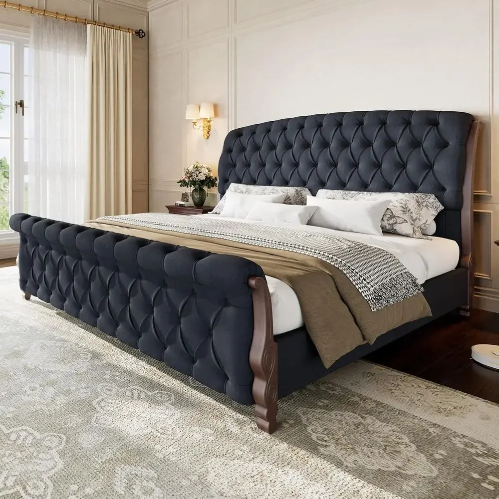 

AMERLIE Upholstered Caliornia King Bed e, 53" Tall Sleigh Bed with Button Tuted Chenille board and ootboard, Platorm Bed with Ca