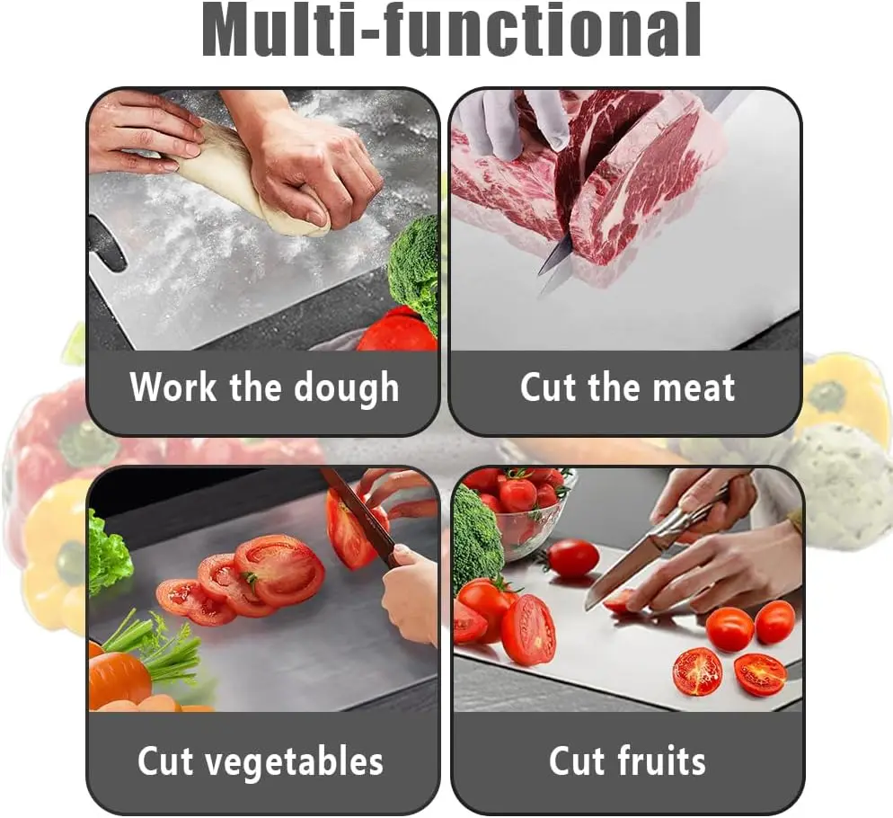لوح تقطيع من الفولاذ المقاوم للصدأ مطلي بالتيتانيوم 316 لوح تقطيع للمطبخ محمول مزدوج الجوانب للفواكه واللحوم