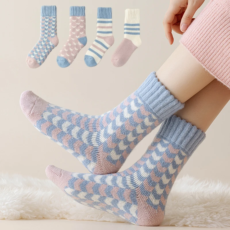 Women Thick Terry Mid Calf Socks, Chunky Knit Brushed Warm Socks, Cute Heart Stripe Pattern Winter Thermal Home Floor Socks