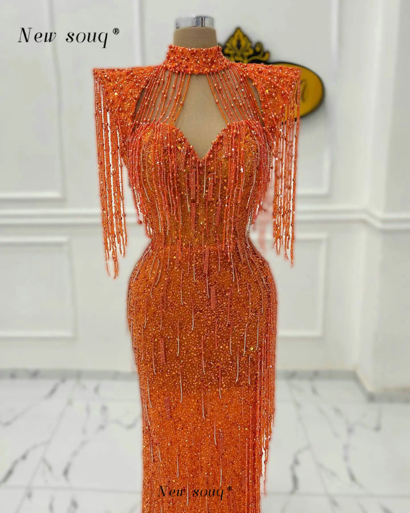 Arabic Turkey Orange Pearls Beading Tassels High Neck Evening Dresses Glittery Sequins Long Party Gowns Custom Made Vestidos