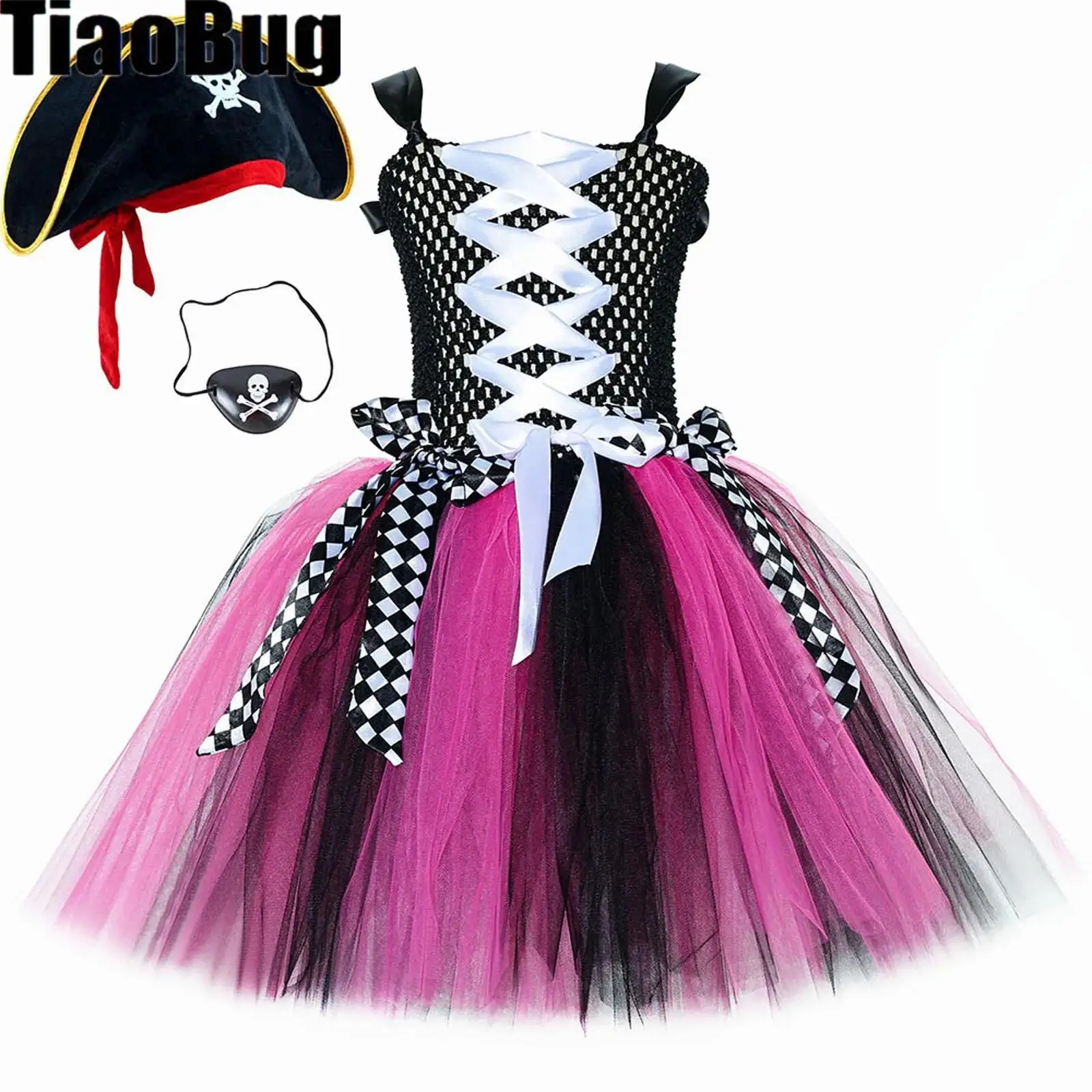 

Girls Halloween Pirate Cosplay Costume Lace-Up Puffy Mesh Ballet Leotard Tutu Dress with Skull Hat 4Pcs/ 6Pcs Pirate Dress Up