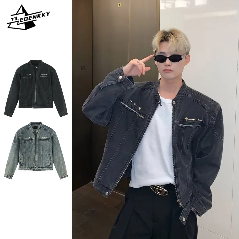 

Vintage Denim Jacket Men High Street Short Baggy Cowboy Coat Washed Distressed Crewneck Zip-up Tops Spring Casual Cargo Outwear