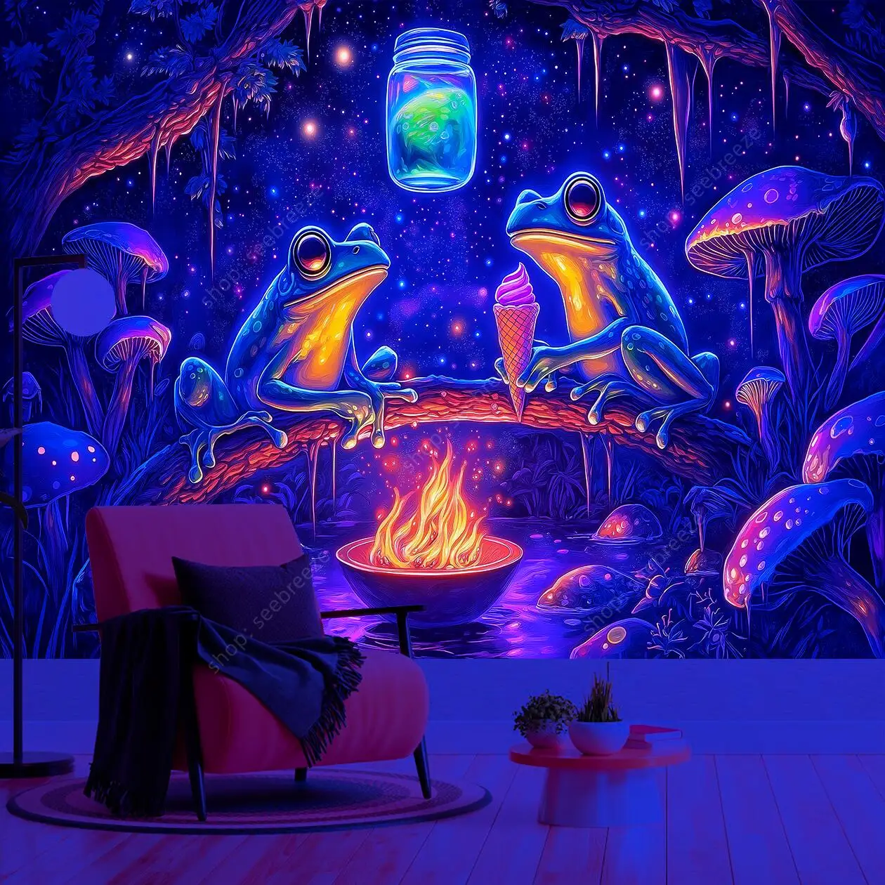 ماجيك فورست الضفدع جمع الأشعة فوق البنفسجية نسيج مسحور متوهجة الفطر ليلة مليئة بالنجوم الجدار الشنق البوهيمي ديكور المنزل التأمل الفن