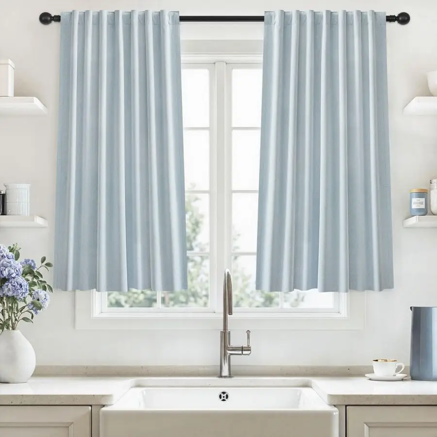 

Светло-голубые кухонные шторы, 45 дюймов в длину, комплект из 2 панелей, с льняной текстурой, на креплении-загибах, термоизоляционные, короткие, для небольших окон