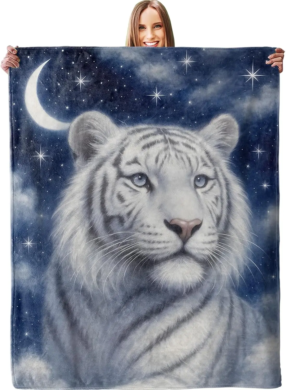 White Tiger Moon Blanket, Plush Soft Lightweight Warm Cozy Flannel 60×50 inch Throw Blanket with Starry Night Sky Design for