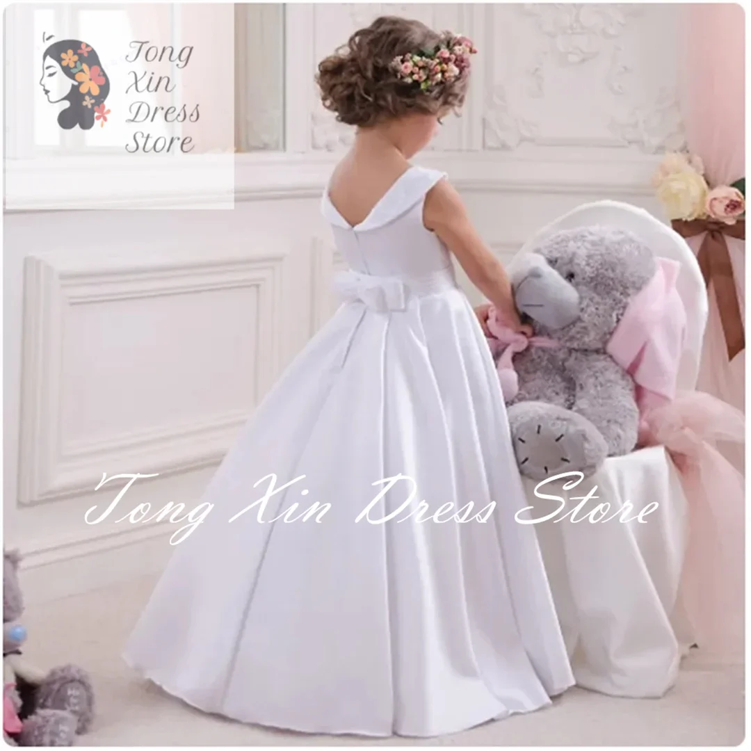 Vestido blanco de corte en A con lazo para niña, faja sin mangas, liso, cuello redondo, trajes de princesa personalizados para primera comunión