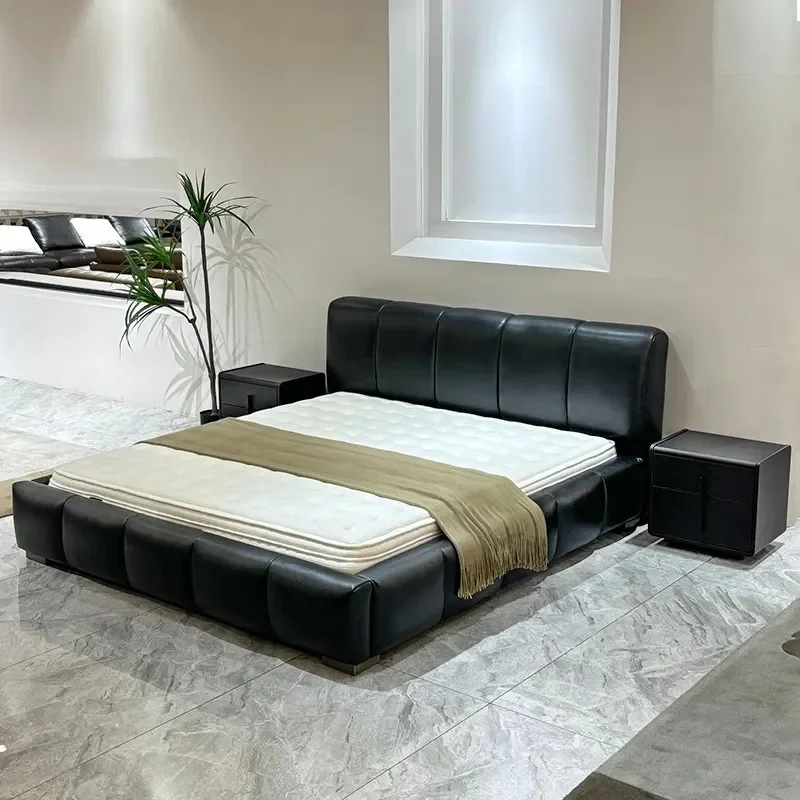 Italian Minimalist Black Pixel Leather Bed Modern Double Frame for Master Bedroom Wedding Home Furniture