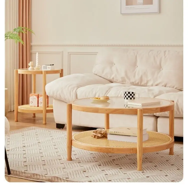 Nordic Living Room Tables Small Apartment Nordic Solid Wood Rattan Weaving 2-layer Round Simple Tempered Glass Coffee Table