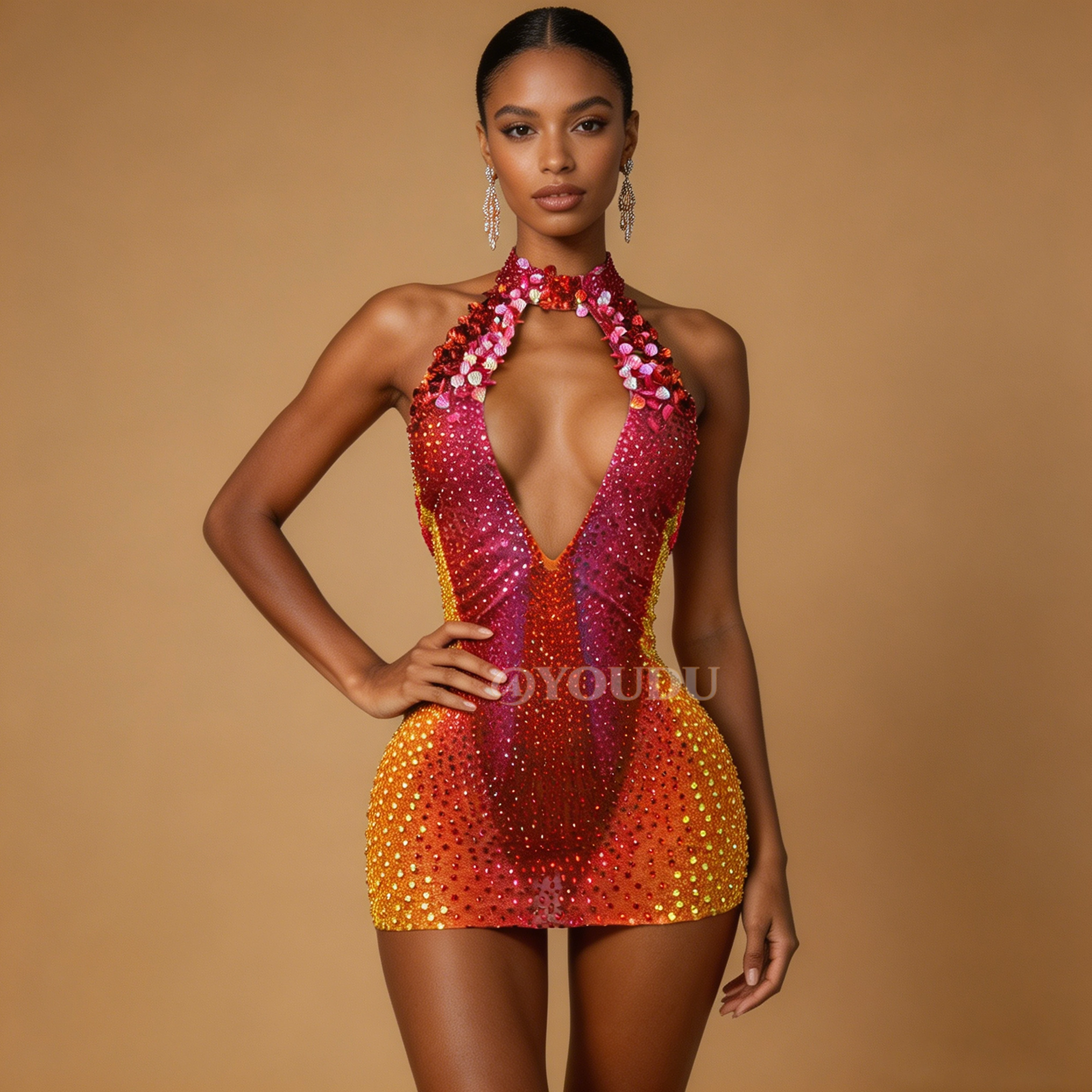 Twinkling Seashell Sequins Rhinstones V-neck Cultivation Dress Women Party Evening Gown Fashion Show Exquisite Outfit Honghaixia