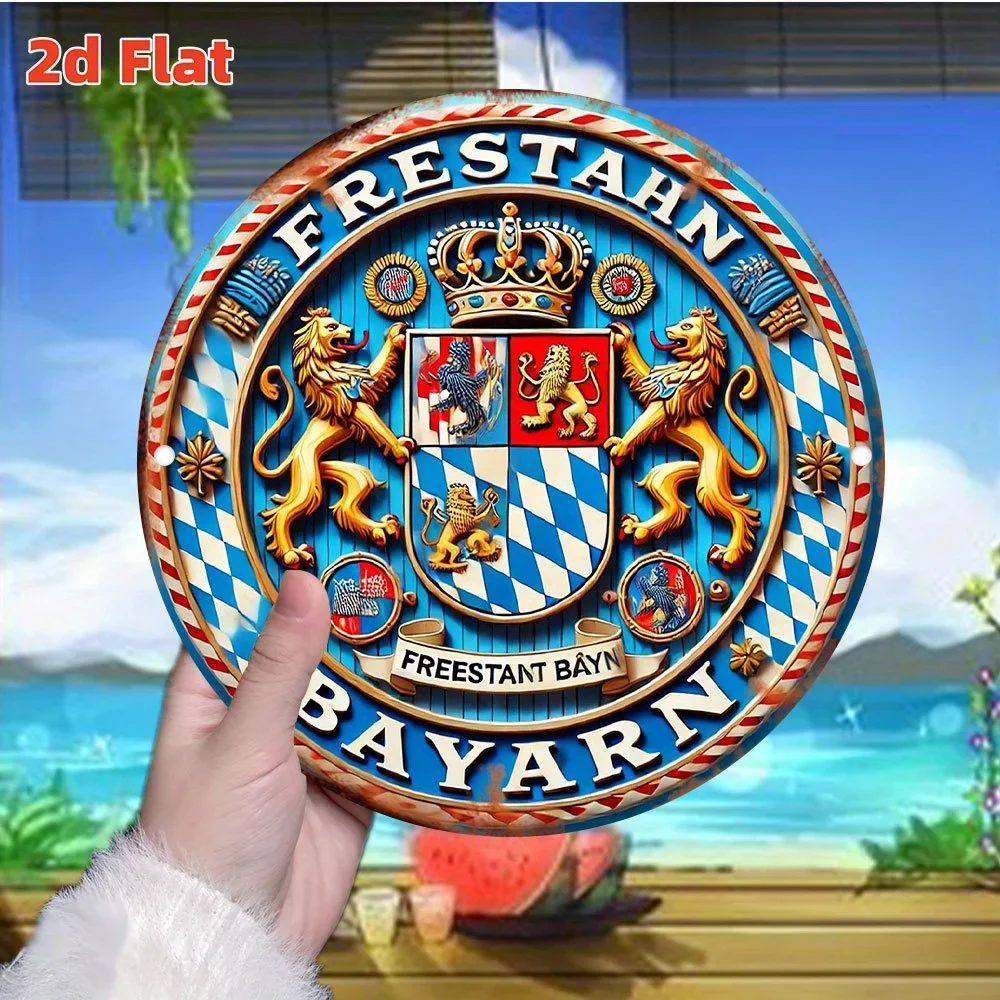 Bavaria Bayern Crest Inspired Round Metal Tin Plaque, 1pc 2D Flat German Style Beer Room Decorative Wall Sign, 20x20 Bar Man Cav