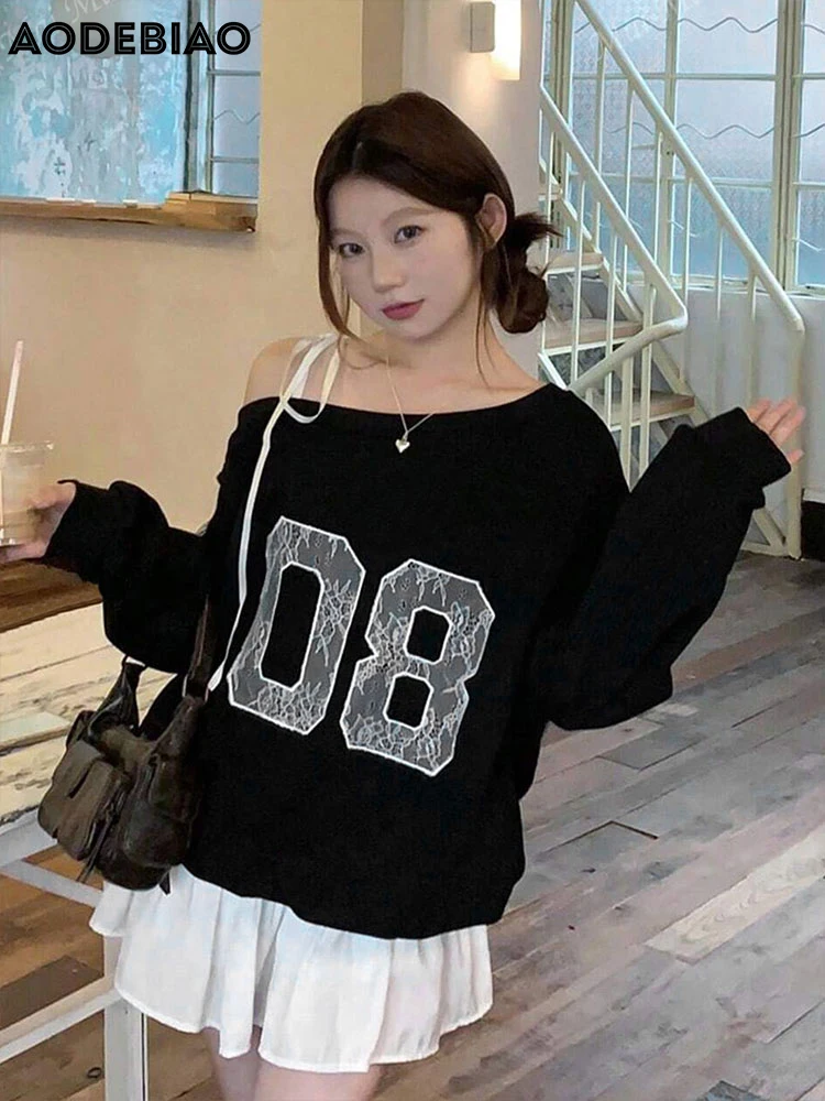 AODEBIAO Black Hoodie Women Autumn Winter Long Sleeves Fashion Print Hoodie Sexy Off-shoulder Casual Hoodie Women New Streetwear