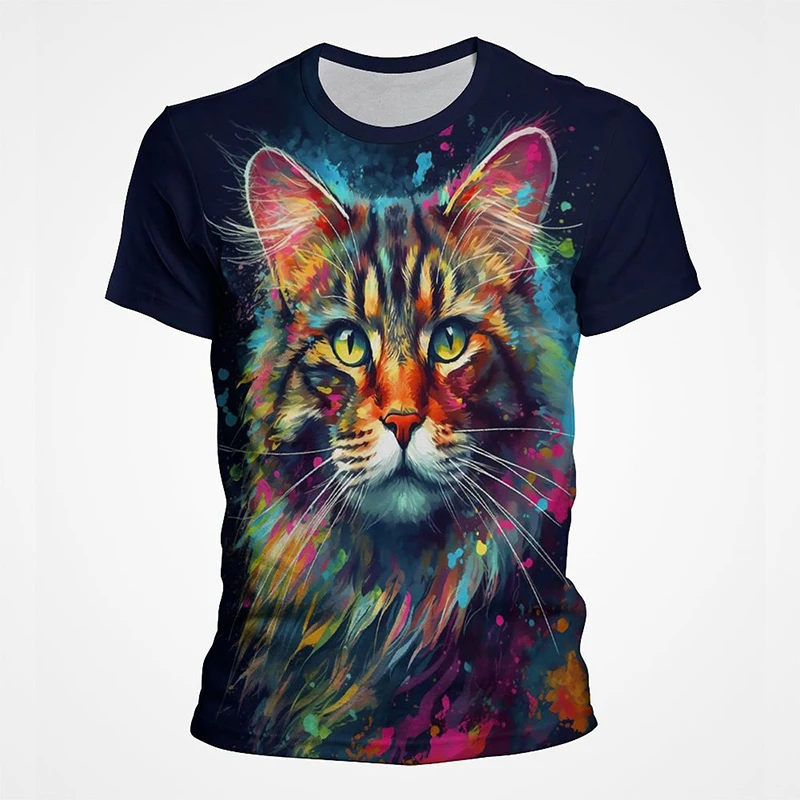 3D-Druck Bunte Lustige Katzen-Grafik T-Shirts für Männer Sommer Kurzarm Herren Tee Tops Mode Lässig Übergrößen Streetwear – Detail 8