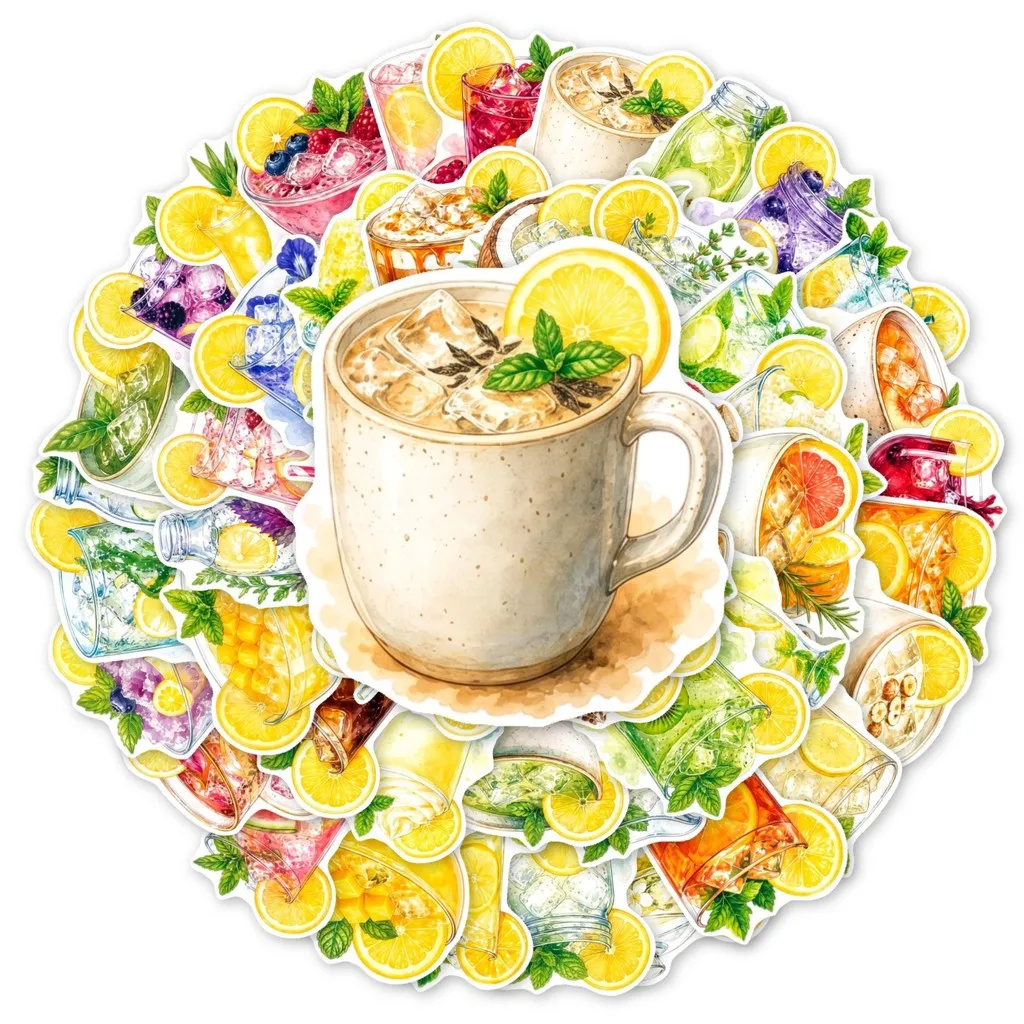 50Pcs Fresh Watercolor Summer Fruit & Tea Stickers Refreshing Iced Drink Cocktail Waterproof Decals Golden Memory Stickers Store