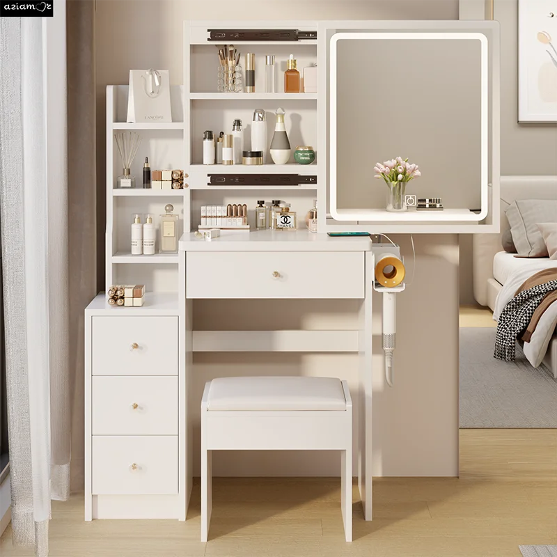 

Small Space Left Bedside Cabinet Vanity Table + Cushioned Stool, 2 AC+2 USB Power Station, Hair dryer bracket, Extra Large Touch