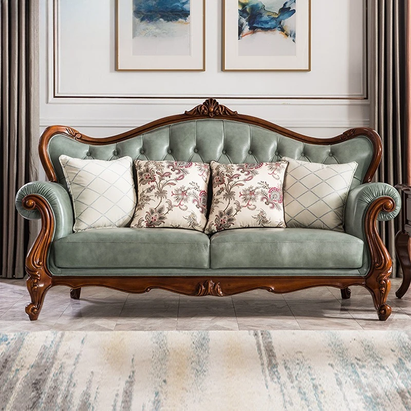 

Leather sofa combination small apartment simple first layer cowhide sofa European solid wood