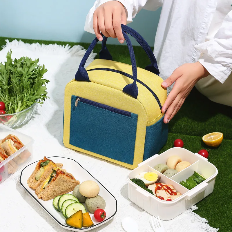 Contrast Color Thermal Lunch Bag For Women Portable Insulated Refrigerated Bag Storage Food Container Picnic Travel Handbag