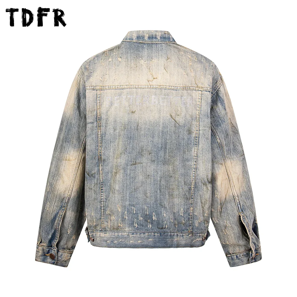 Rhinestone Ripped Denim Jacket Mens Washed Distressed Retro Streetwear Single Breasted Lapel Long Sleeve Jeans Jacket Men