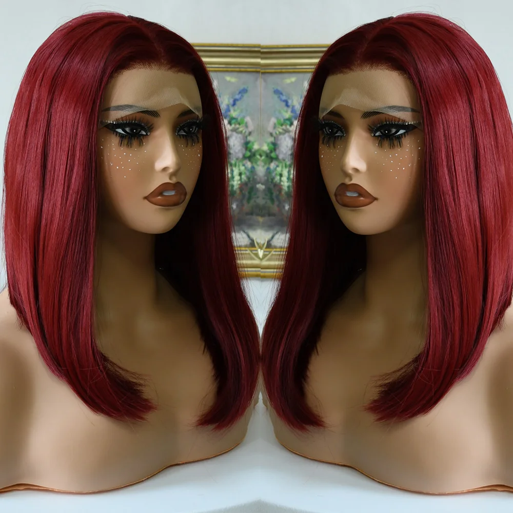 180% الكثافة 99J بورجوندي قصير بوب شعر مستعار 13X4 الدانتيل الباروكات الأمامية للنساء الاصطناعية اللون الطبيعي الدانتيل الجبهة بوب شعر مستعار قبل قطعها