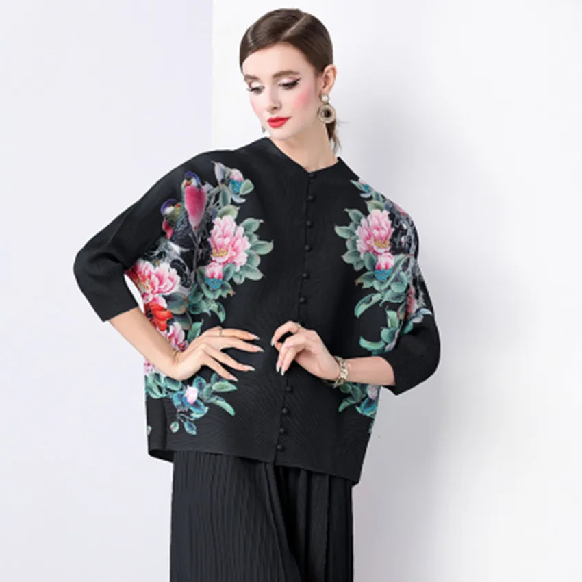 Miyake Pleated Flower Shirt Tops New Spring Summer Single Breasted Flora Print Pink High Stretch Loose Office Blouses For Women