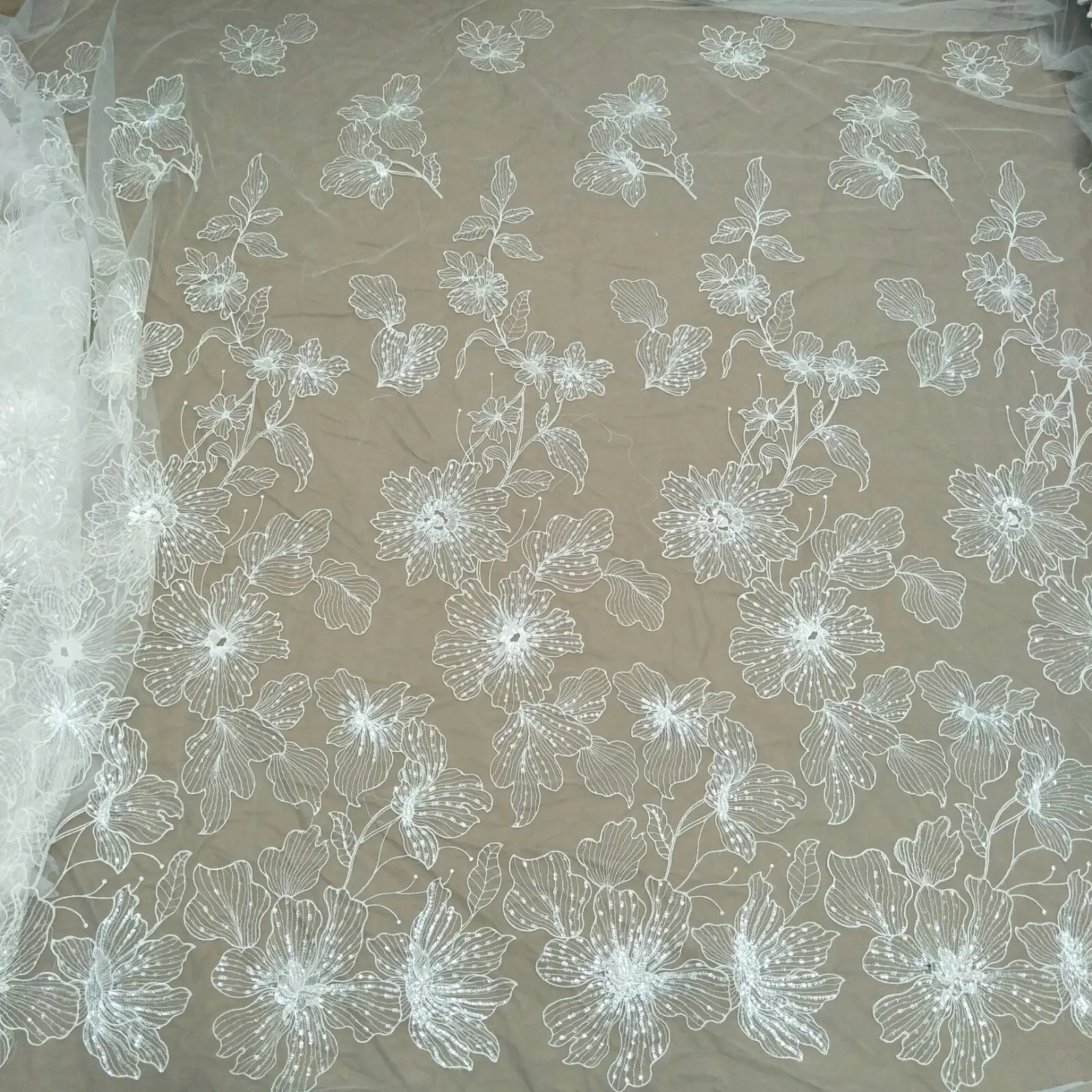 fashion big flower wedding gown dress lace fabric 130cm width ivory sequins lace sell by yard