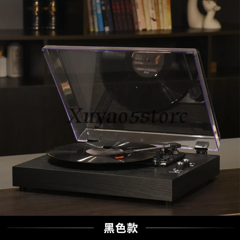 Vinyl record player, European-style home phonograph, built-in speakers, vintage wooden record player
