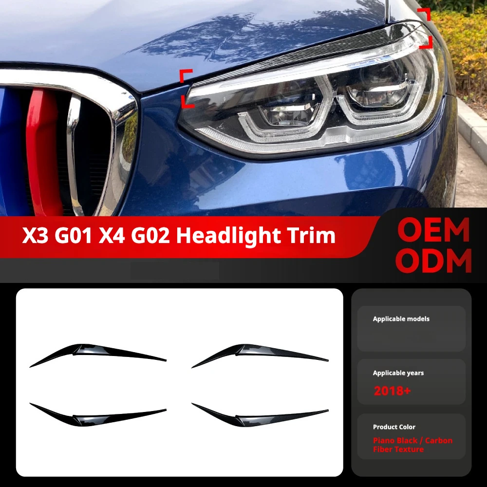 

2 шт. накладки-реснички на фары G01 G02 для BMW X3 X4 G01 G02, глянцевые черные, из АБС-пластика под карбон