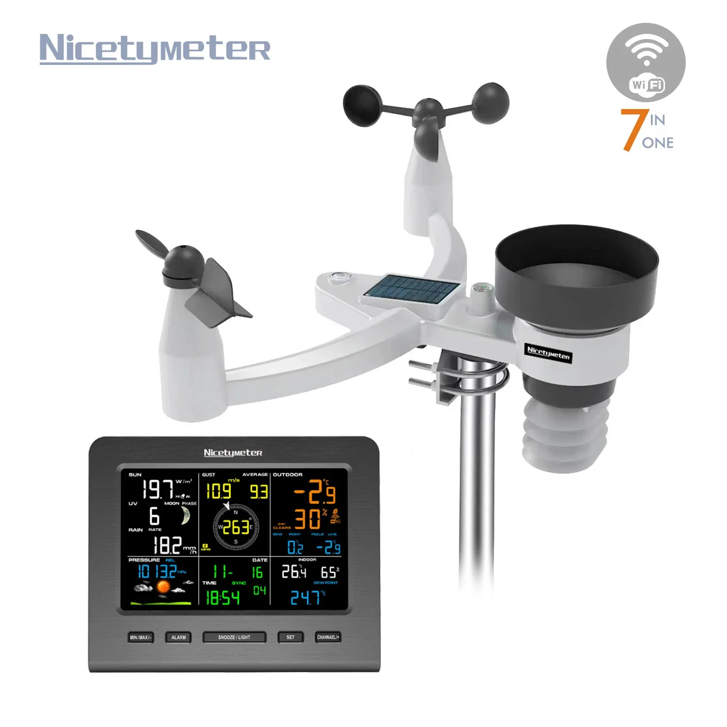 0360 7-in-1 Weather Station with WiFi, UV Index, Rain Gauge, Temperature & Humidity, Weather Forecast, Digital Clock