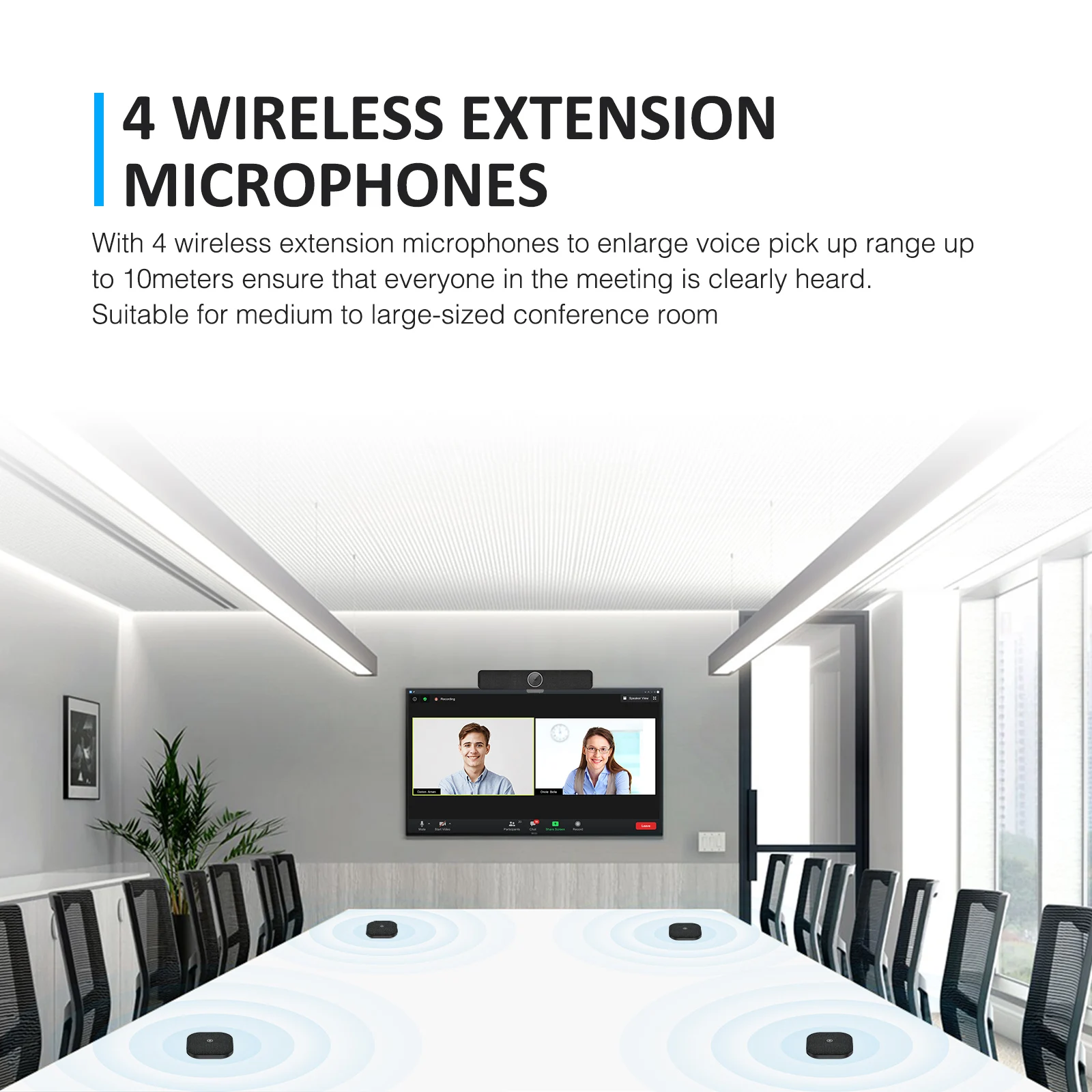 Barra de som de vídeo 4K multifuncional com rastreamento AI e microfones sem fio expansíveis