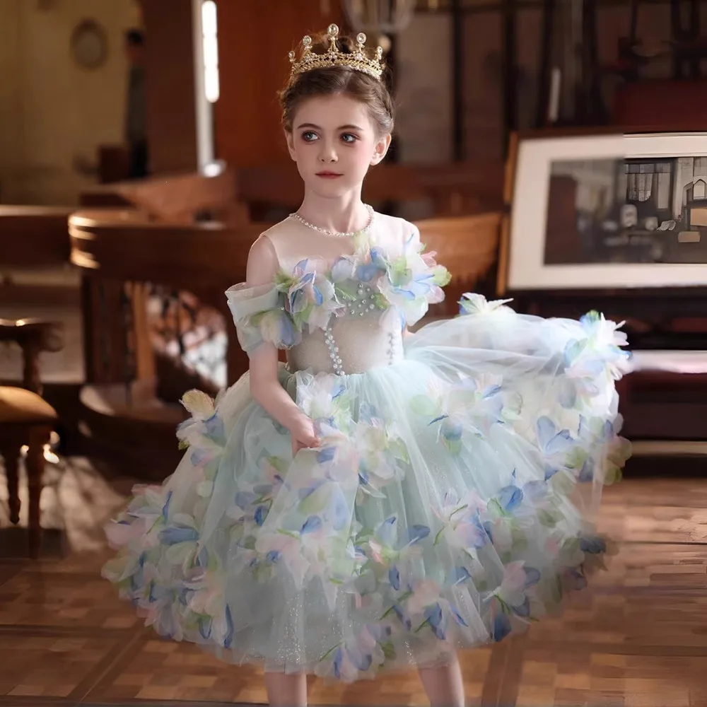 Forest Style High End Princess Party Gown, Flower Girl Dress for Kids Birthday Host Piano Show New Arrival for 80-160cm