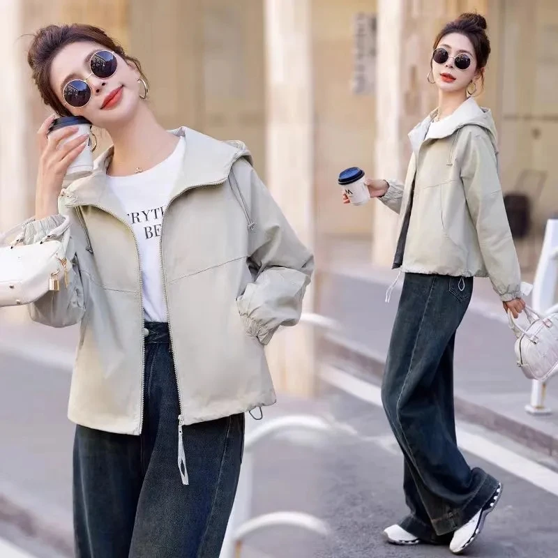 2024 Female Hooded Work Jacket Early Spring Women Fashion Leisure Tops Coat Korean Ladies Solid Color Short Outerwear