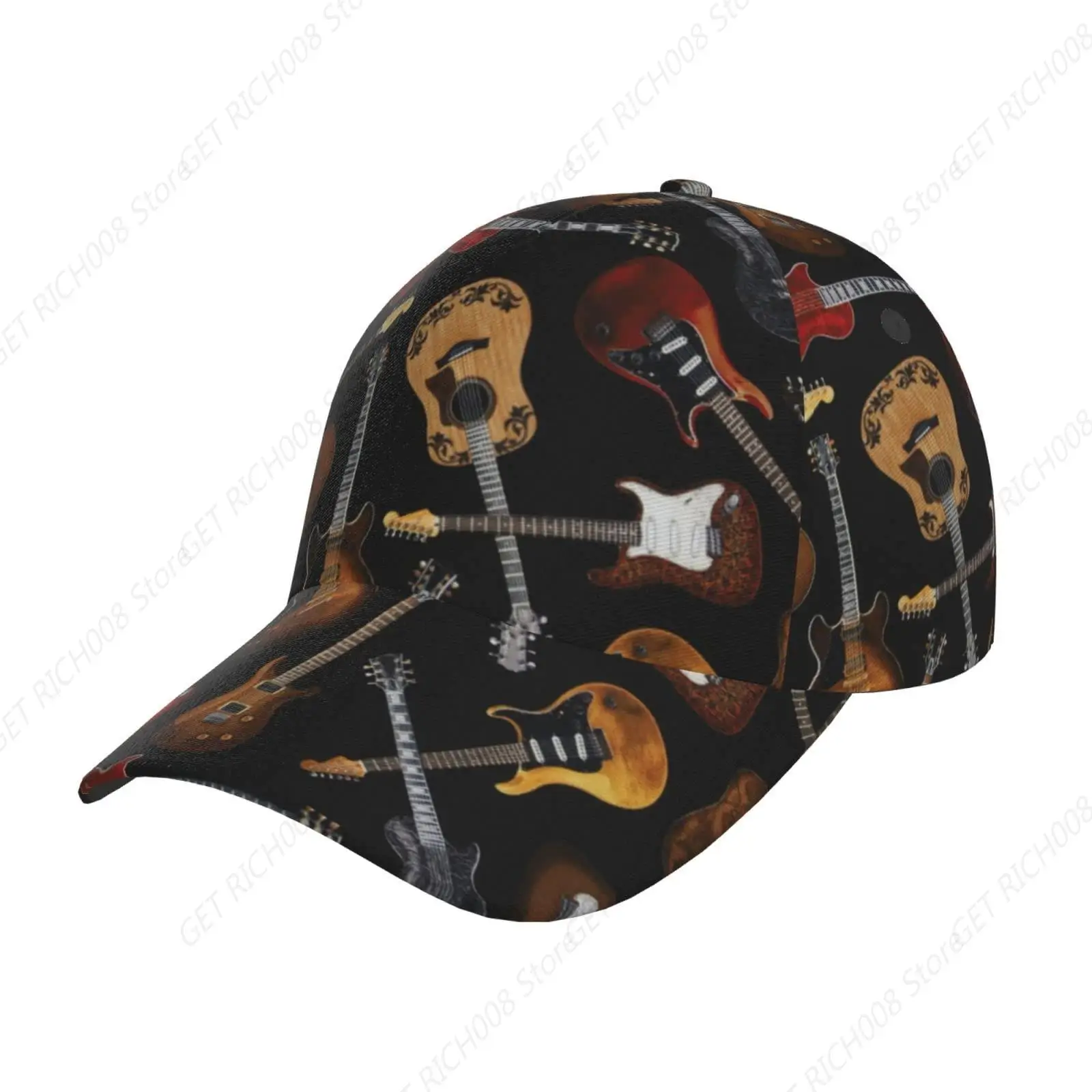 Unisex Washed Guitars Print Baseball Cap For Men And Women Adjustable Dad Hat With Flat Bill And Snapback Closure