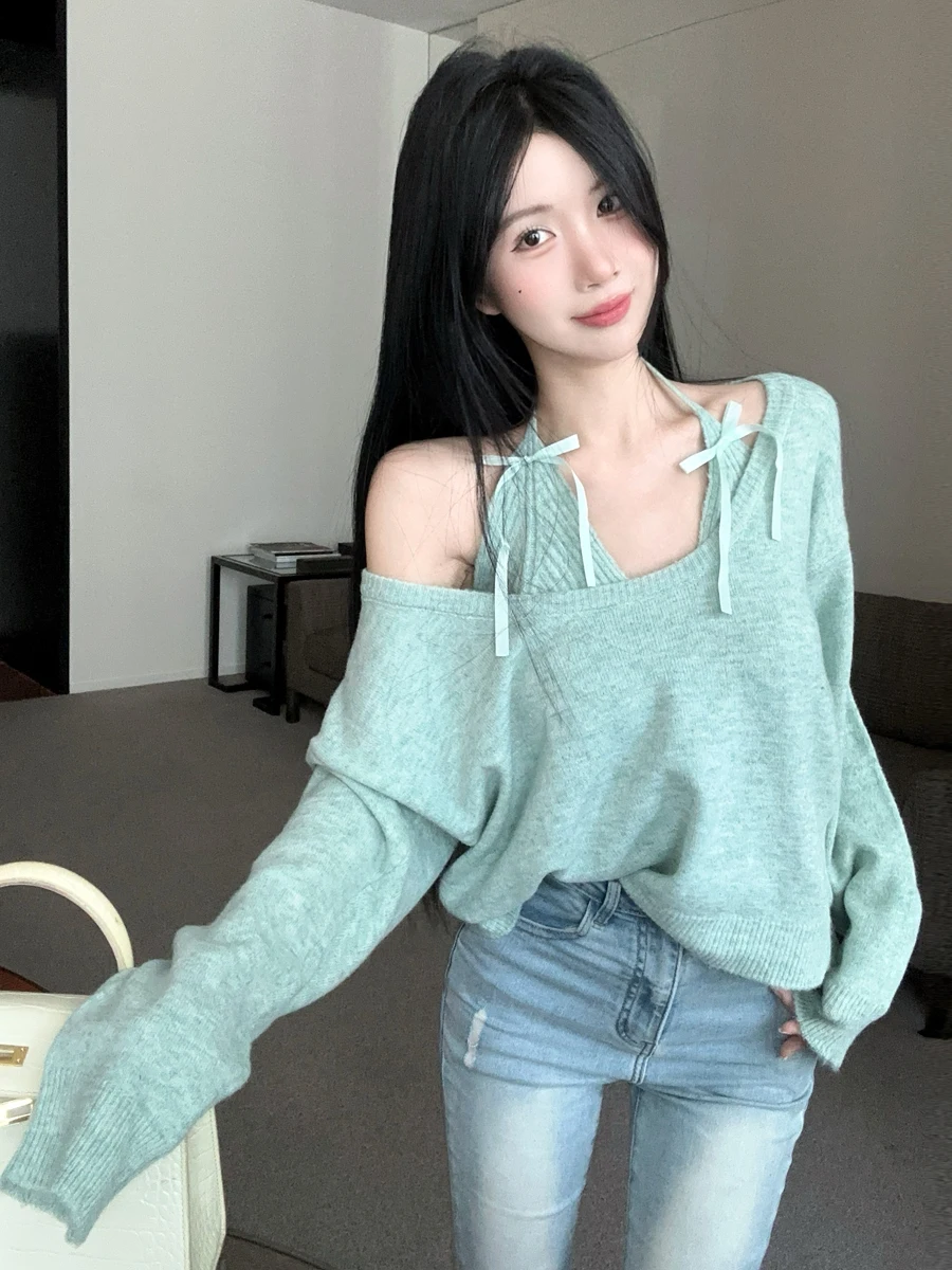 

Модный молодежный вязаный комплект из двух предметов с открытыми плечами и узлами, в расслабленном стиле: свитер и кардиган для молодых женщин Nicole Rose